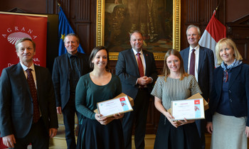 (from left to right) Deputy Director of the Institute for Sustainable Economic Development Klaus Salhofer, BOKU Vice-Rector Christian Obinger, award winner Heidrun Leonhardt, AGRANA CTO Norbert Harringer, award winner Evi Deltedesco, BOKU Rector Hubert Hasenauer, Director of the Institute of Soil Research Sophie Zechmeister-Boltenstern (image copyright: AGRANA)